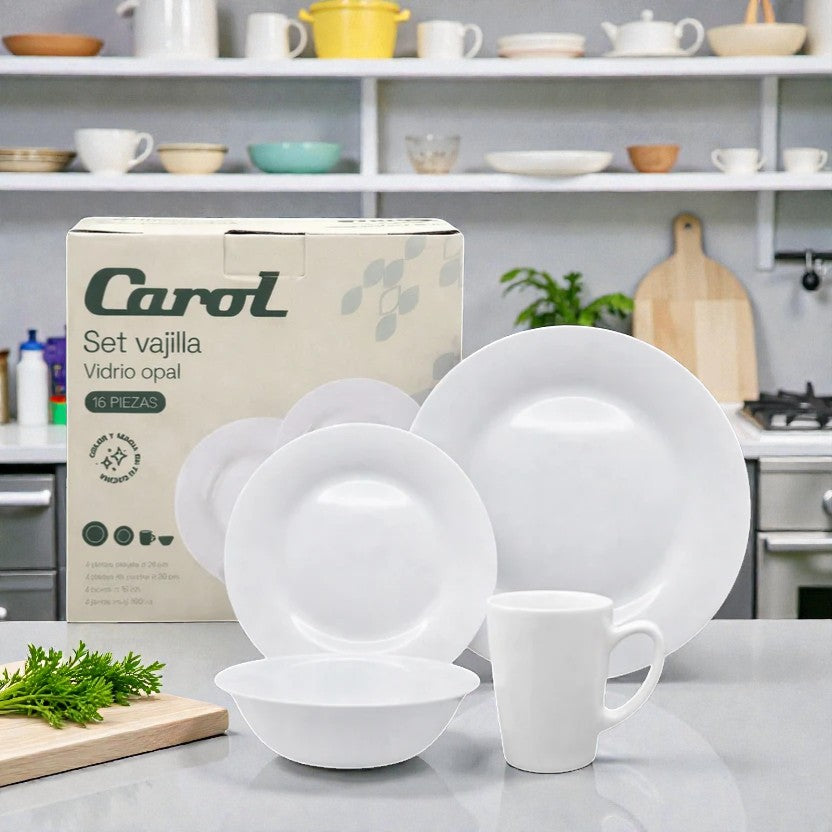 SET VAJILLA 16PZ OPAL BLANCO CAROL REDONDO