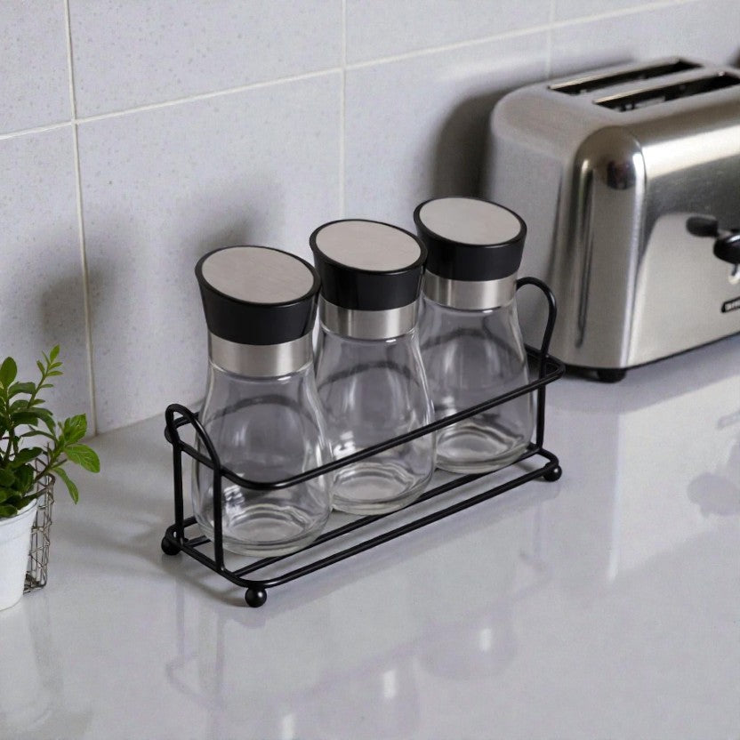 SET X 3 ESPECIEROS DE VIDRIO EN RACK