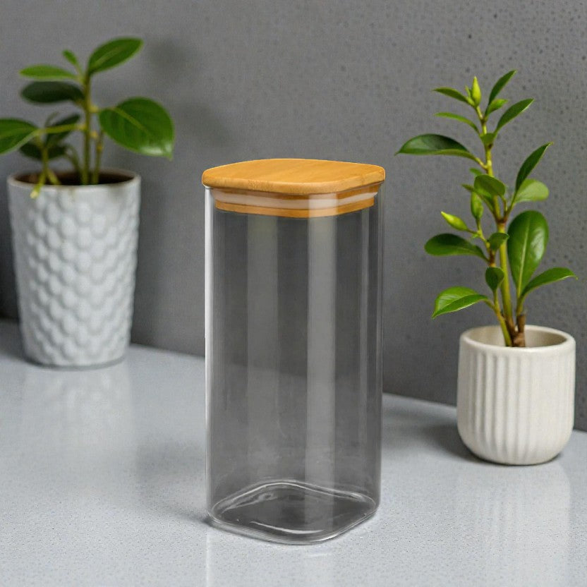 FRASCO VIDRIO CUAD. TAPA BAMBU 22X10CM